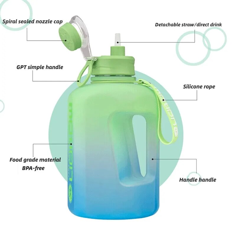 Plastic 2.4L Large Capacity Sports Water Bottle With Straw.