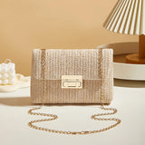 Women's Woven Straw Shoulder Bag With Chain Strap and Buckle Clutch Closure
