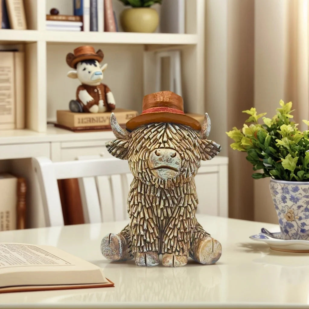 1 Piece of Western Cowboy-Style Highland Cow Statue