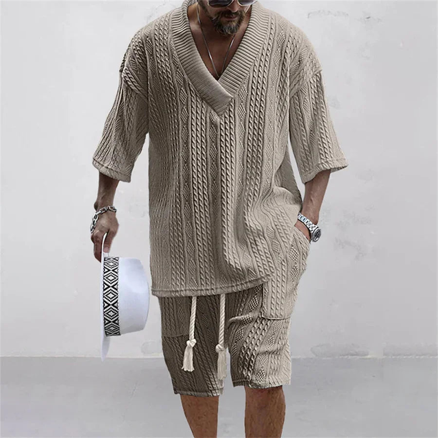 Men's Two Piece V-Neck Knitted Casual Shorts Set