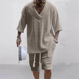 Men's Two Piece V-Neck Knitted Casual Shorts Set