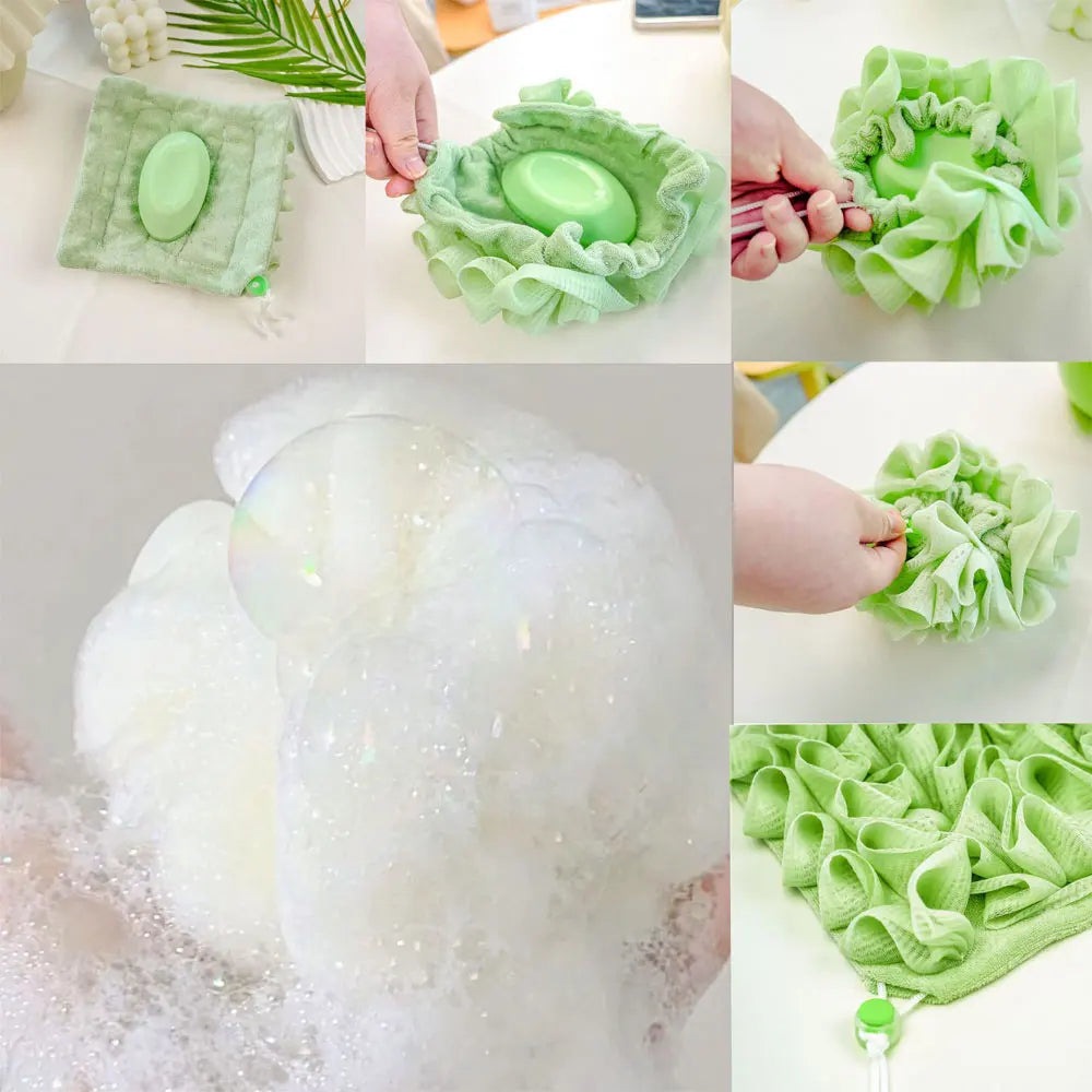 2-In-1 Bath Ball Towel Loofah With Drawstring Closure