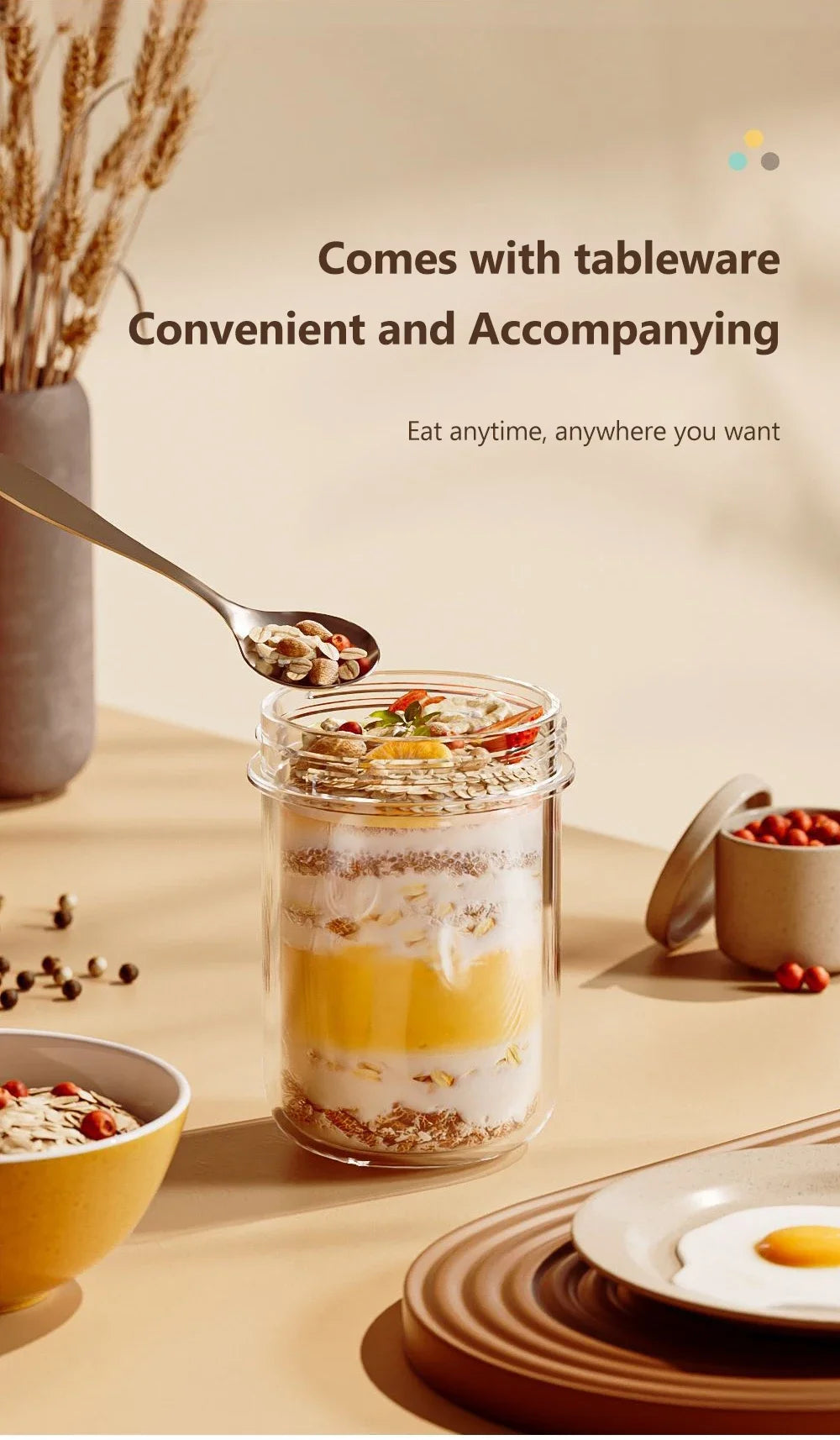430ML Glass Cup With Lid And Spoon Great For Breakfast Oats Or Salad Cups