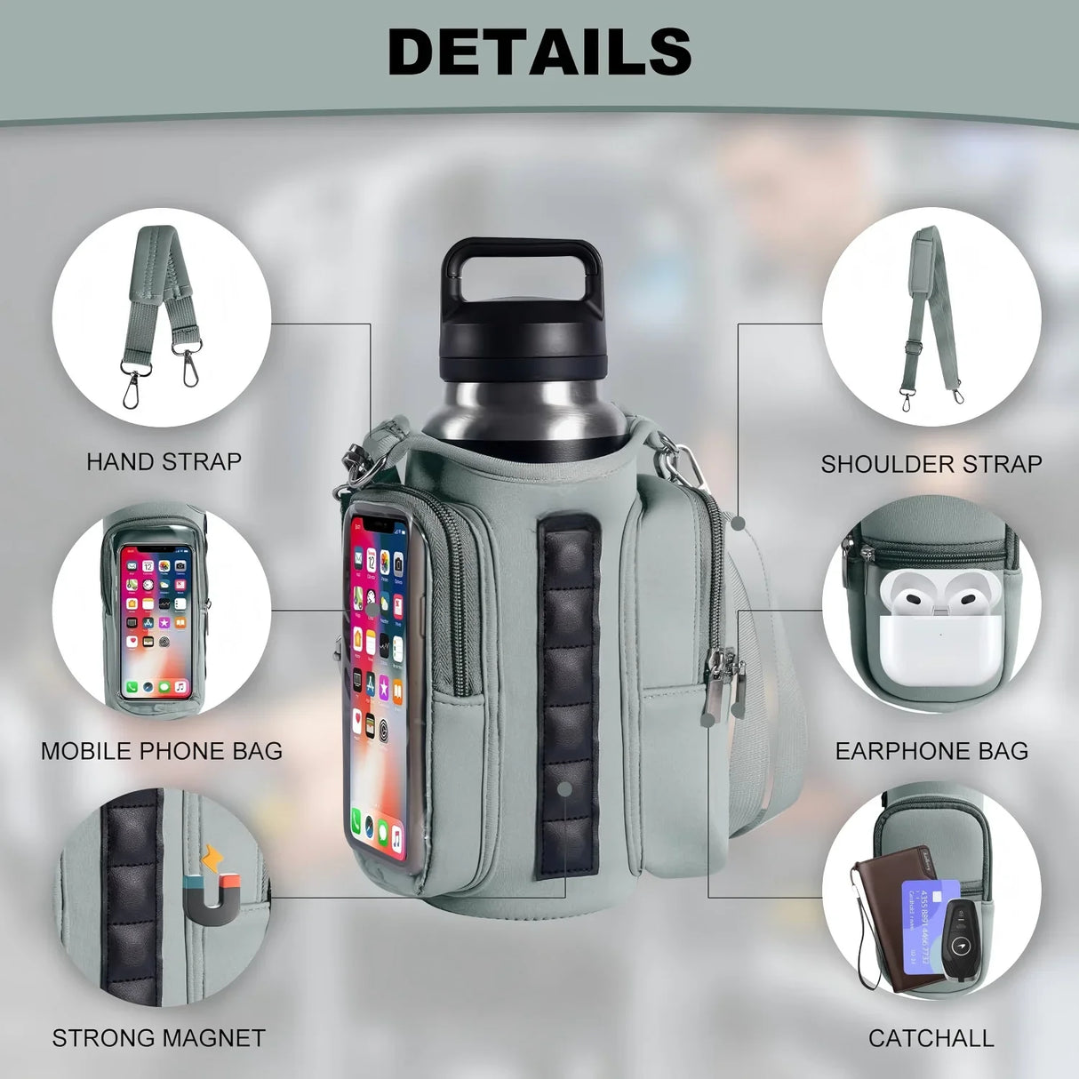 Women Or Men's Magnetic Fitness Water Bottle Bag With Adjustable Shoulder Straps