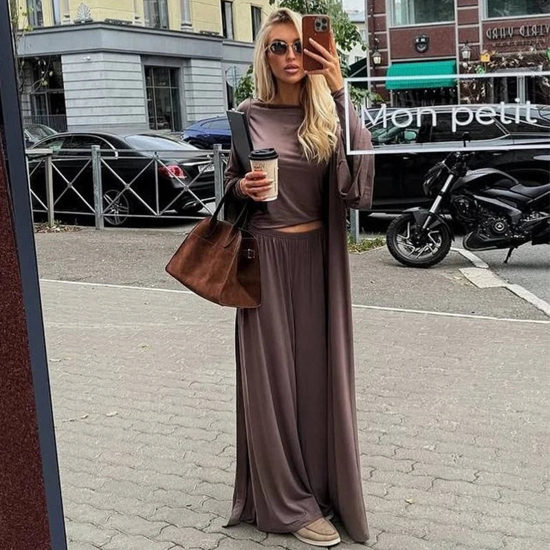 Women's 3 Piece Off Shoulder Sleeveless Cropped Tank Top With Elastic Wide Leg Pant And Long Cardigan