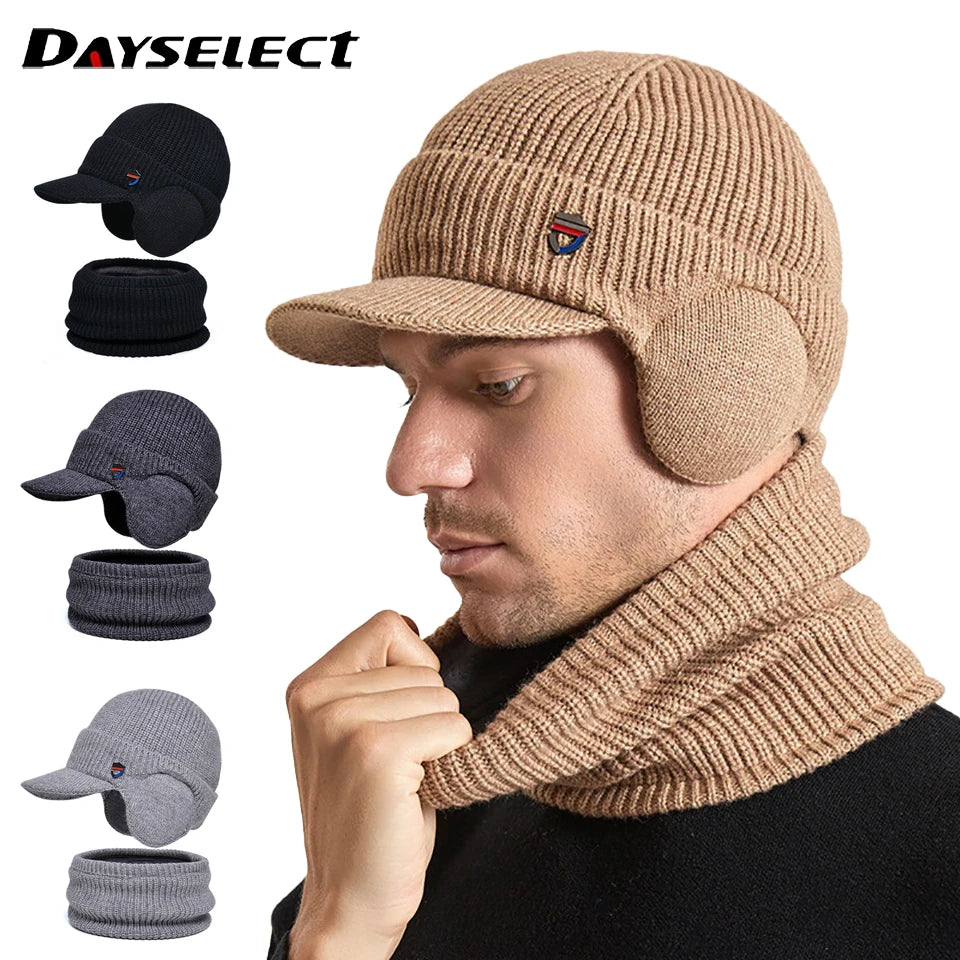 Men Or Women's Knitted Neck Scarf And Hat With Extra Ear Protection