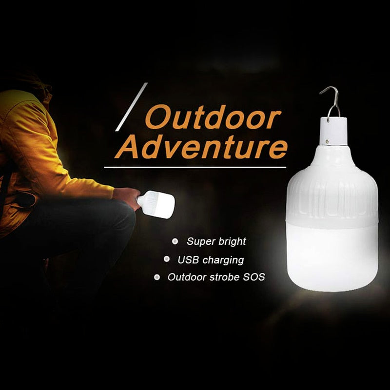 Portable LED Rechargeable Emergency Light. Lantern comes with a hook for camping or patio lighting.