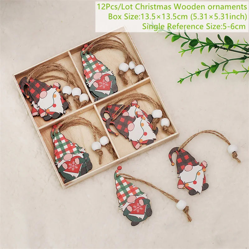 4-12pcs Wooden Christmas Tree Pendants Ornaments