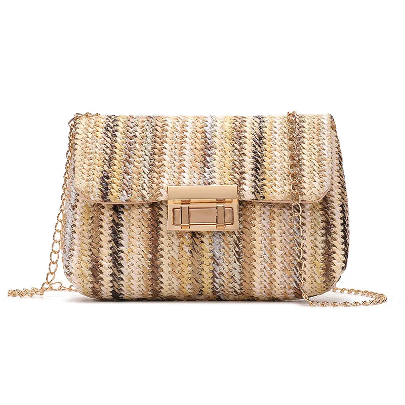 Women's Straw Rainbow Stripe Shoulder Crossbody Handbag With Chain Strap