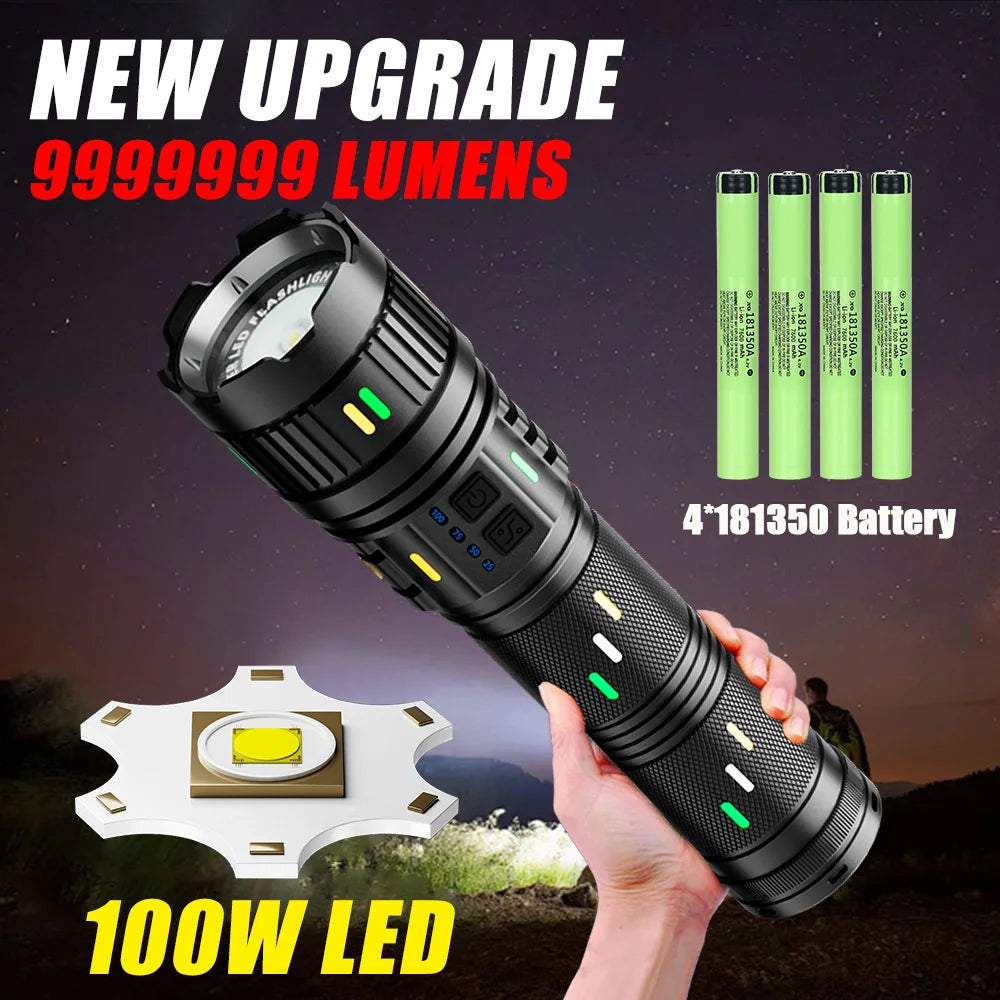 100W Rechargeable Long Range Zoomable LED Flashlight