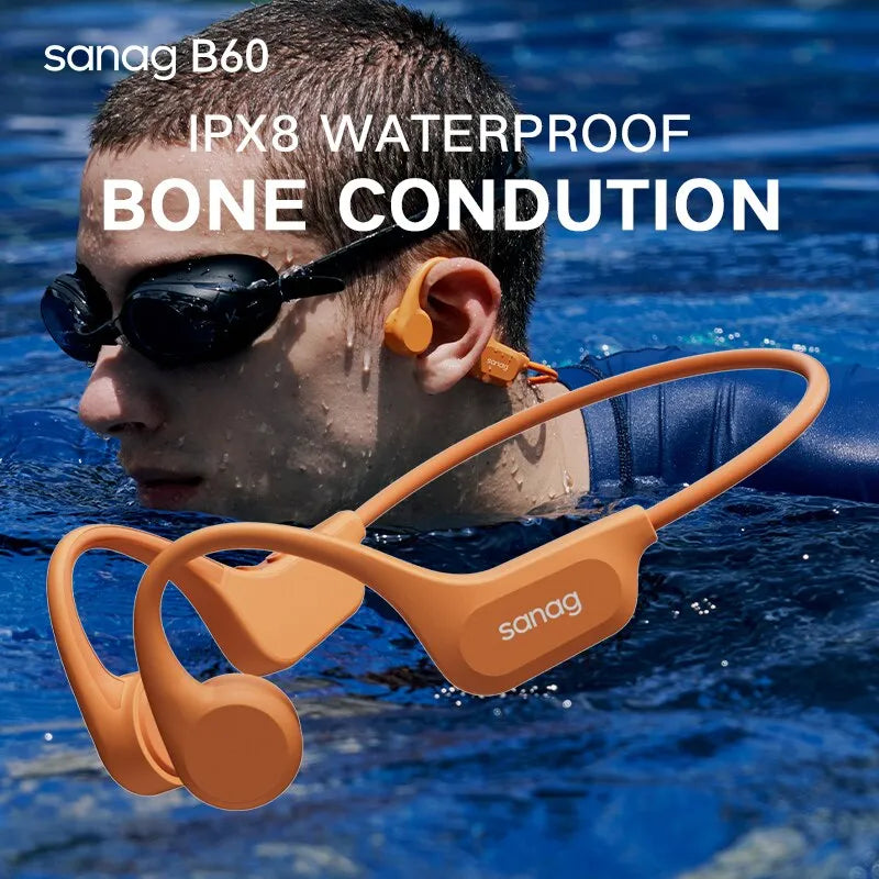 Sanag B60 Pro Bone Conduction Earphone, IPX8 Wireless Open Headset Bluetooth 5.3 Swimming 64GB MP3 Earbuds