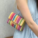 Women's Straw Rainbow Stripe Shoulder Crossbody Handbag With Chain Strap