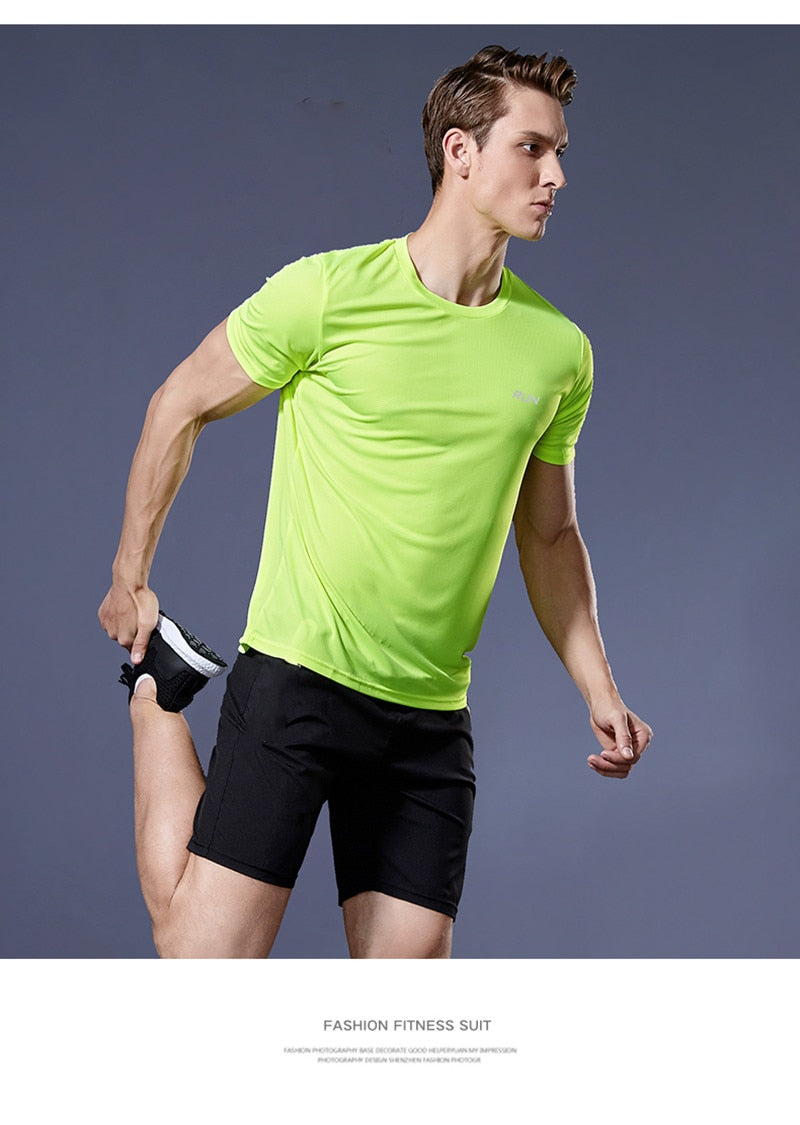 Men's multicolor short sleeve gym shirts. Quick drying, breathable sportswear
