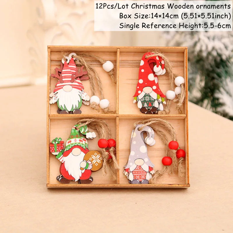 4-12pcs Wooden Christmas Tree Pendants Ornaments