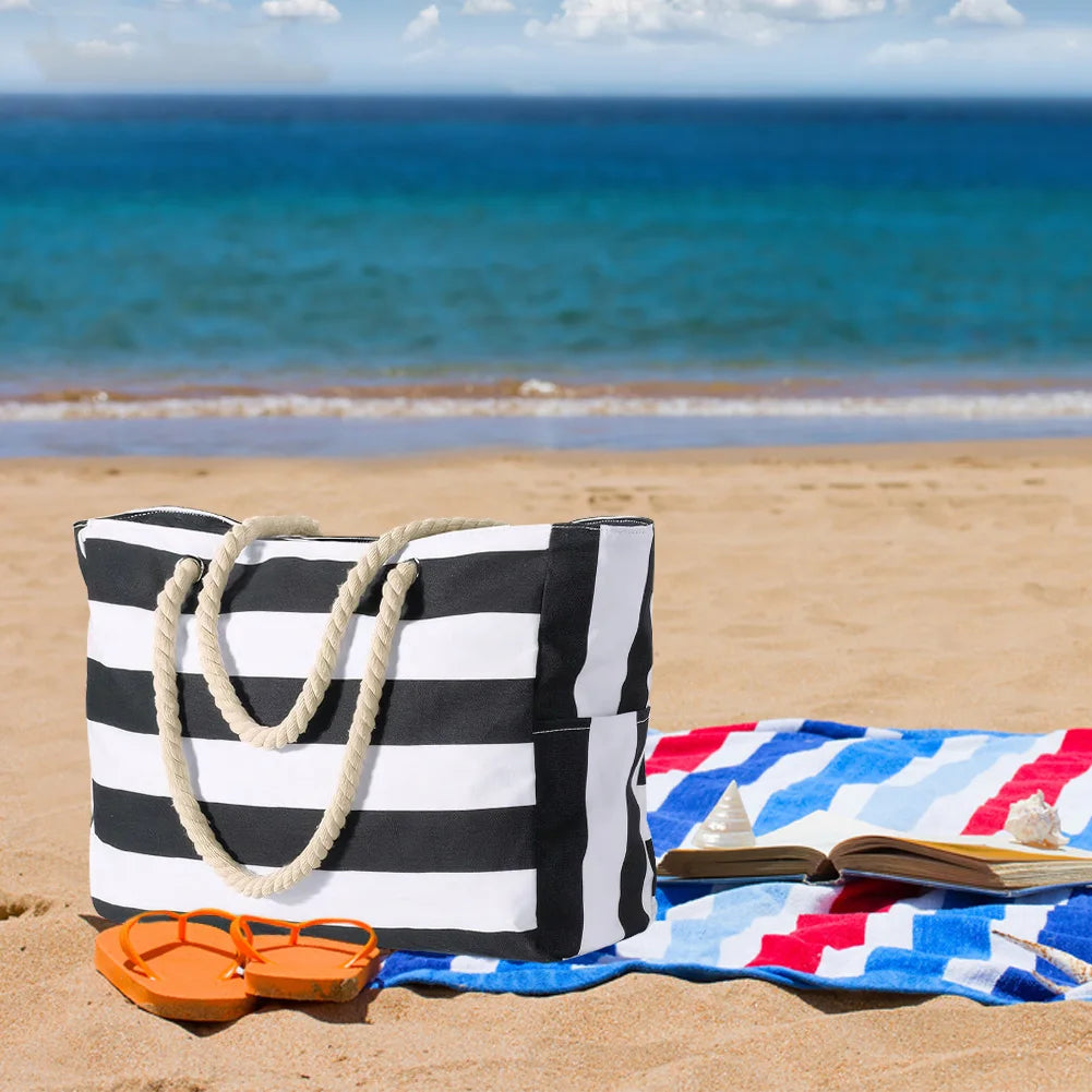 Striped Waterproof Canvas Summer Beach Tote Bag With Zipper