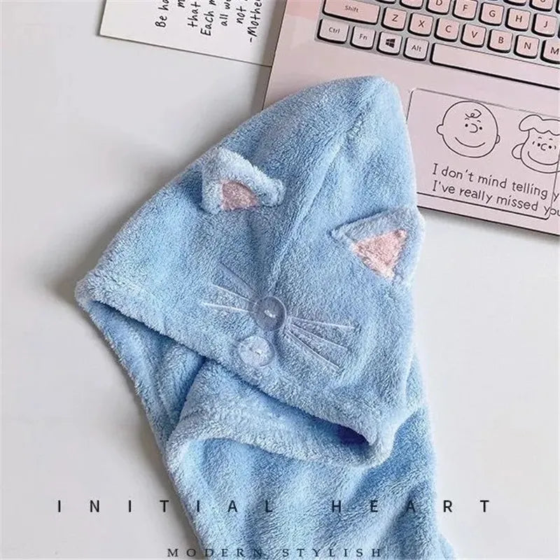 Microfiber Absorbent Hair Towel With Cute Cat Features.