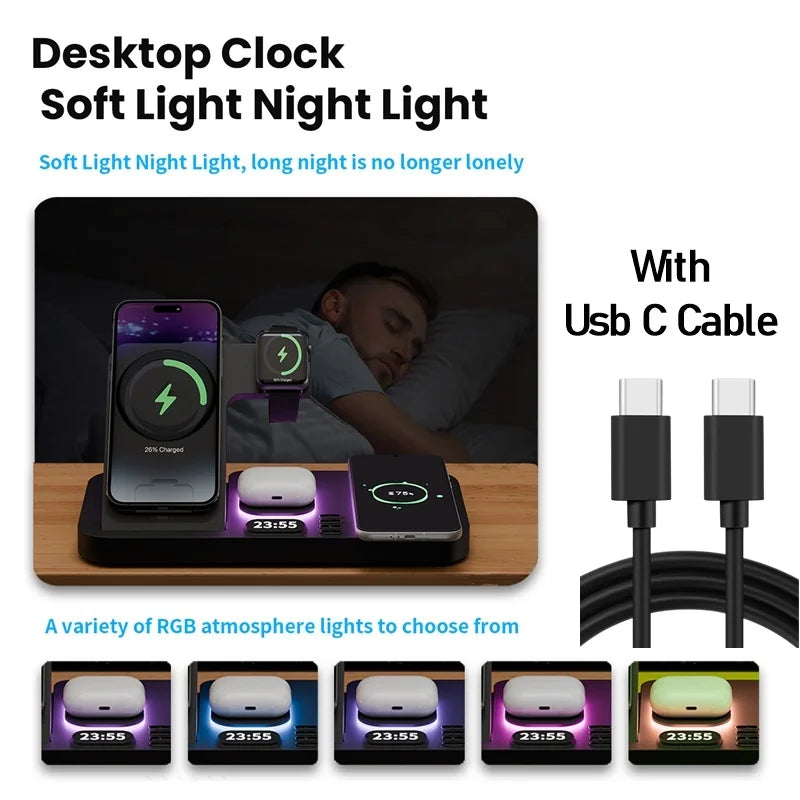 30W Digital Clock Wireless Charger With RGB Night Light For Smartphone Airpods Pro Huawei Apple Watch