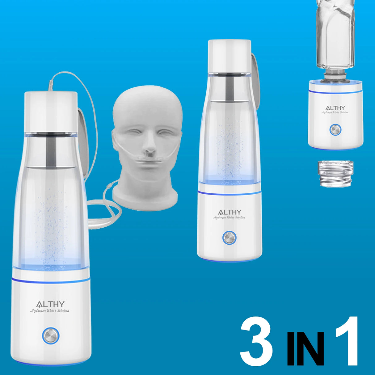 ALTHY Premium Molecular Hydrogen Water Generator Bottle DuPont SPE+PEM Dual Chamber Maker + H2 Inhalation Device 5000ppB Max