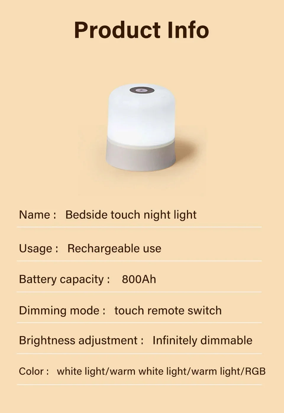 Rechargeable Led Dimmable Multicolor Night Light with Remote Control Or Touch Switch