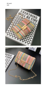 Women's Straw Rainbow Stripe Shoulder Crossbody Handbag With Chain Strap