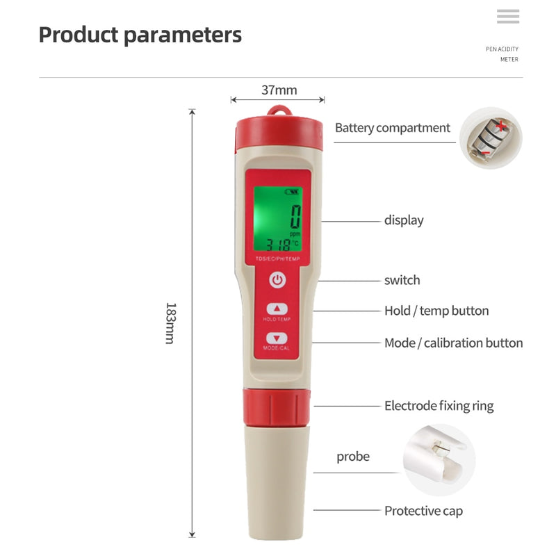 Digital PH Meter 10 in 1 Water Quality Monitor Tester PH/EC/TDS/Salinity/Thermometer Multi-parameter Testing Meter