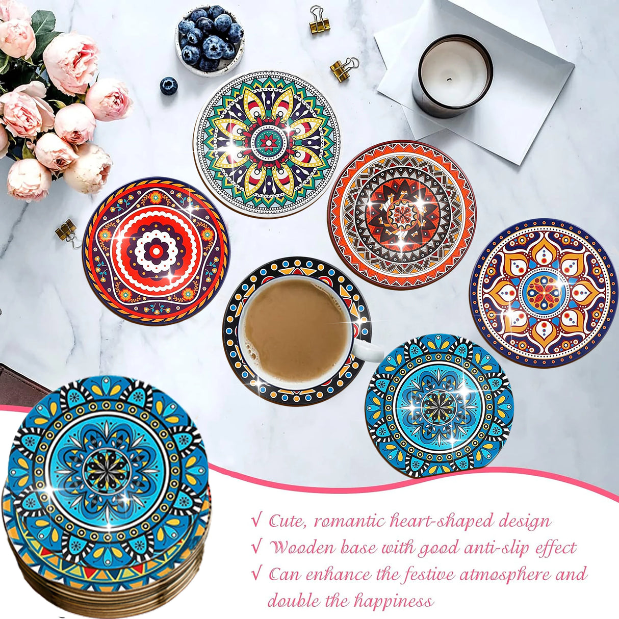 8 Pieces/Set Mandala Patterned Wooden Anti-Slip Coasters