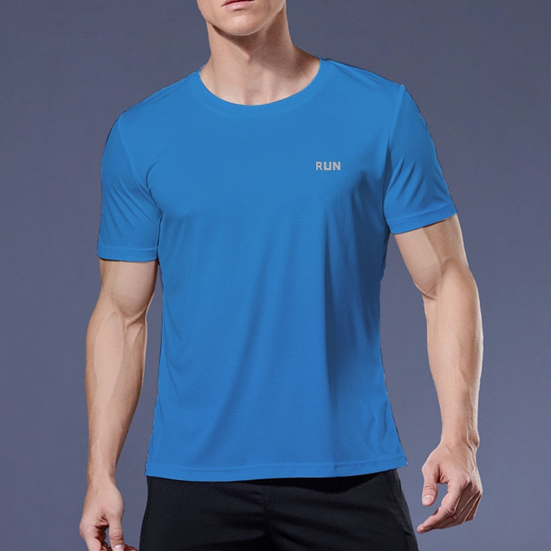Men's multicolor short sleeve gym shirts. Quick drying, breathable sportswear