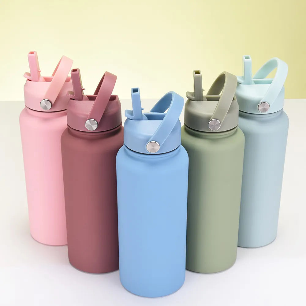 1L  Stainless Steel, Wide Mouthed, Thermos Water Bottle With Straw