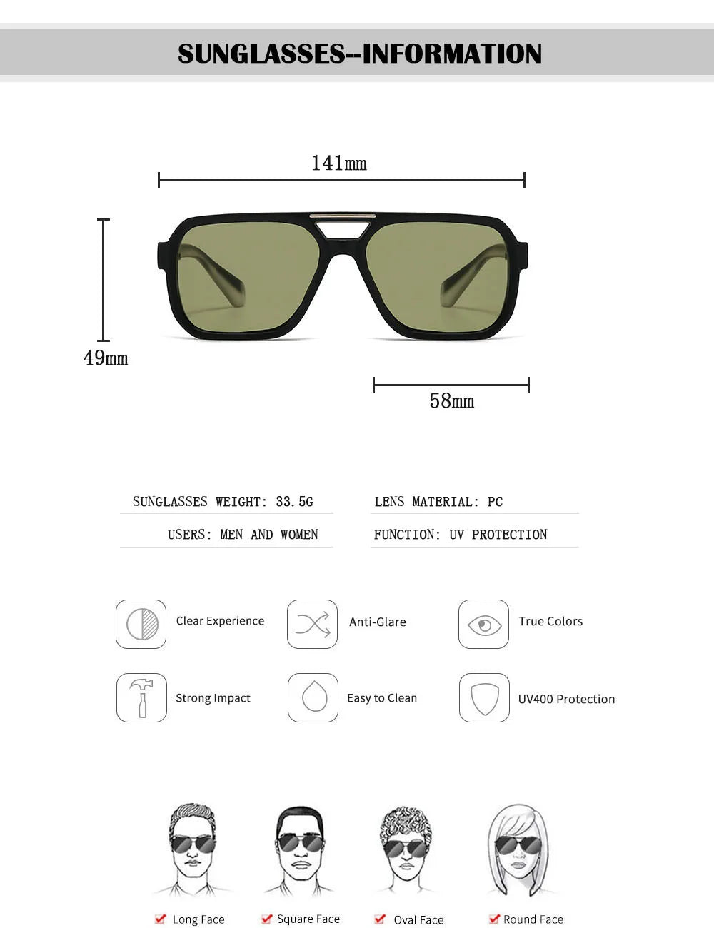 Men Or Women's Square UV400 Sunglasses