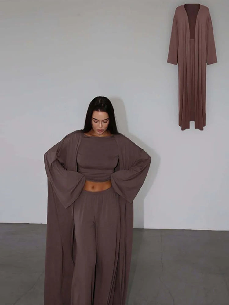 Women's 3 Piece Off Shoulder Sleeveless Cropped Tank Top With Elastic Wide Leg Pant And Long Cardigan