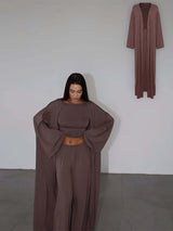 Women's 3 Piece Off Shoulder Sleeveless Cropped Tank Top With Elastic Wide Leg Pant And Long Cardigan