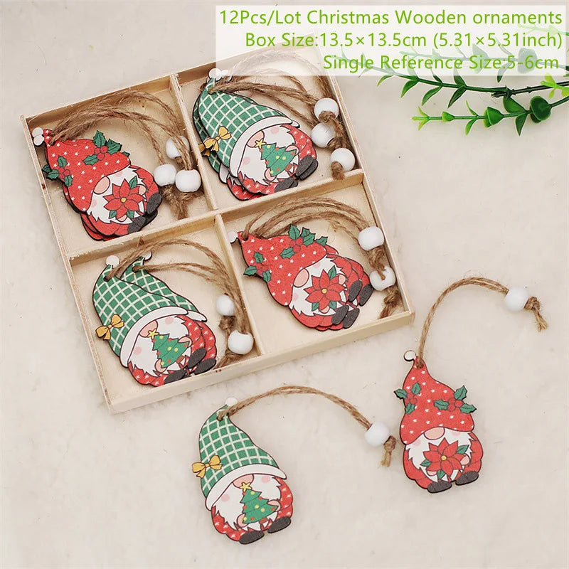 4-12pcs Wooden Christmas Tree Pendants Ornaments