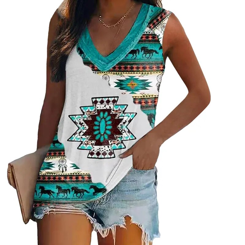 Women's Sleeveless Multi-pattern T-shirt.