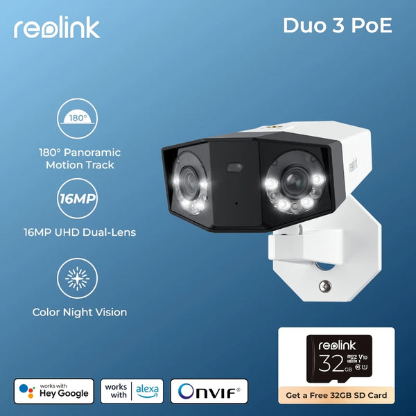 Reolink Panoramic View Home Video Surveillance Cameras Duo 3 PoE 16MP UHD Dual-Lens 4K Duo 2 PoE IP Camera 180°