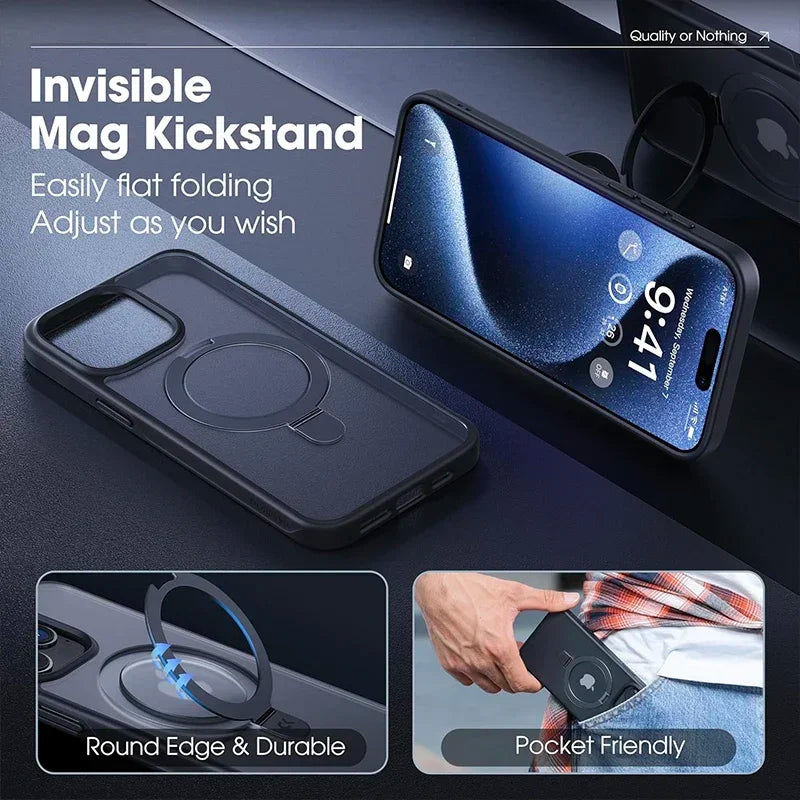 Magsafe IPhone Mat Finish Air 17 16 15 14 13 12 11 Pro Max Plus With Lens Protector And Metal Ring Stand