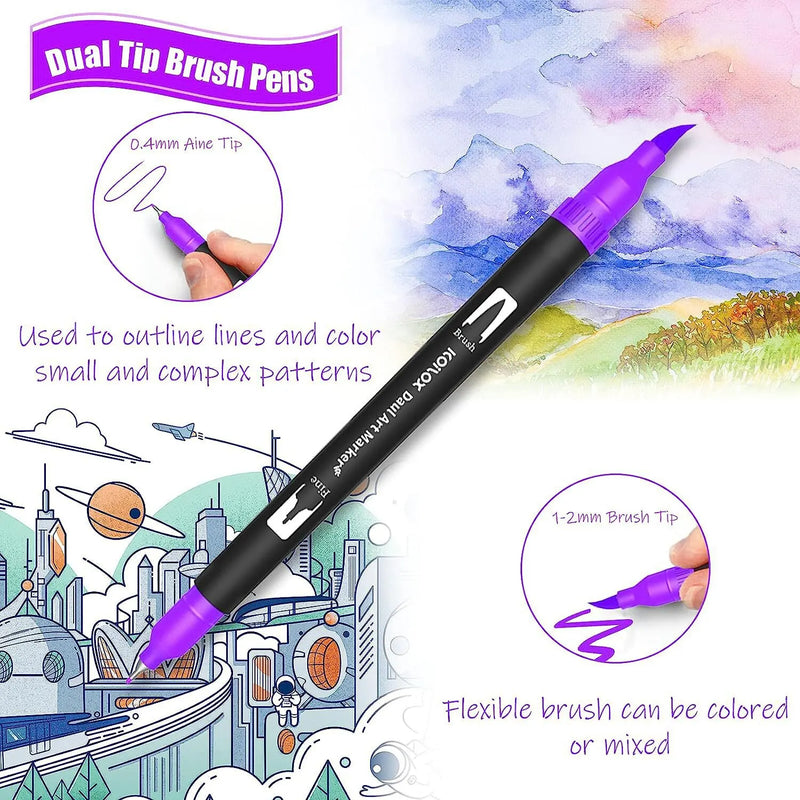 60 Dual Tip Brush Art Markers for Coloring Books OR Calligraphy