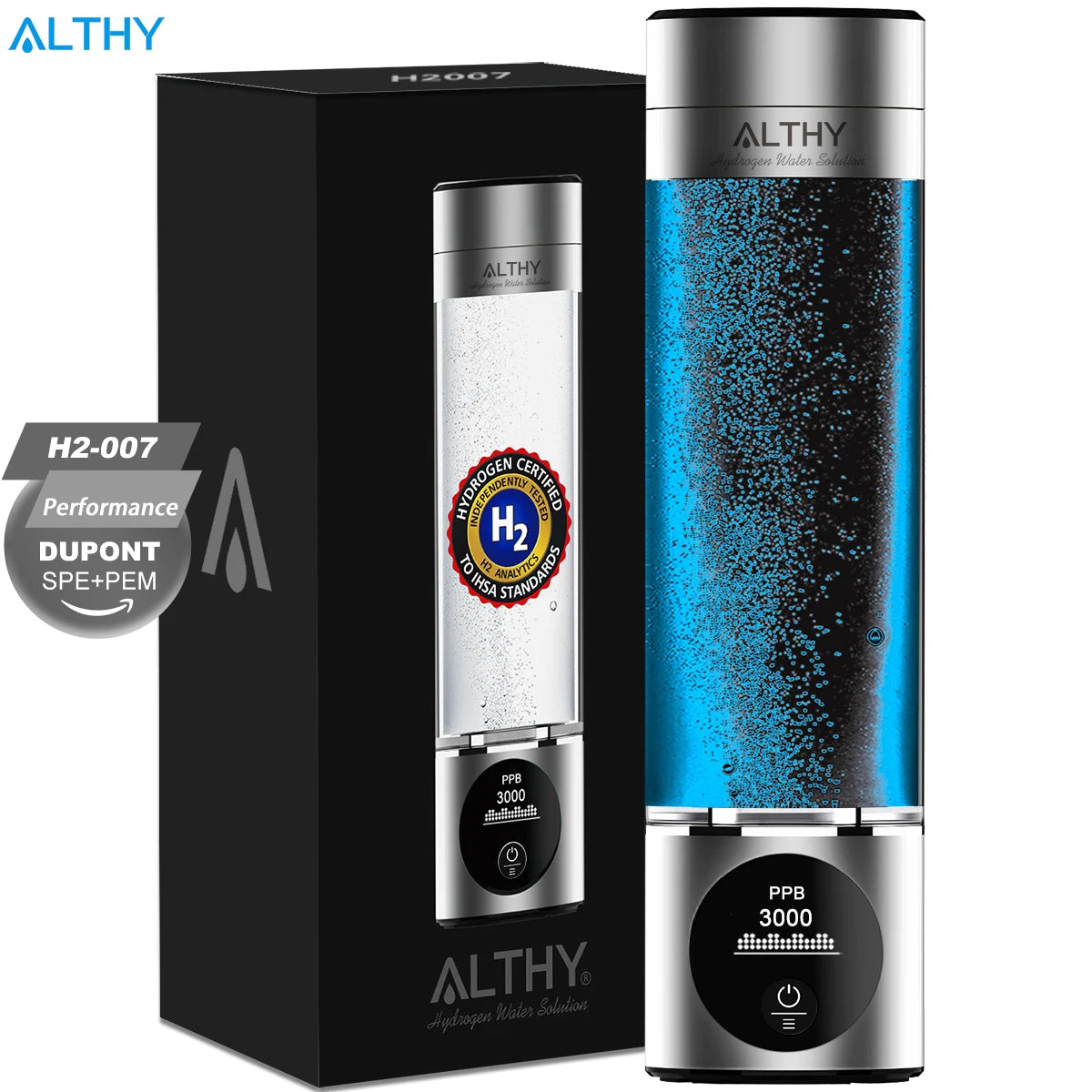 ALTHY Performance Hydrogen Water Generator Bottle With DuPont SPE+PEM Dual Chamber lonizer + PPB&Time Display + H2 Inhalation Device