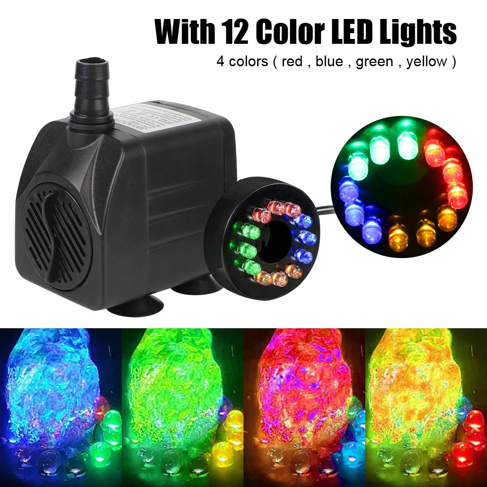 Submersible Ultra-quiet Water Pump With 12 LED Lights For Bird Baths Or Aquariums