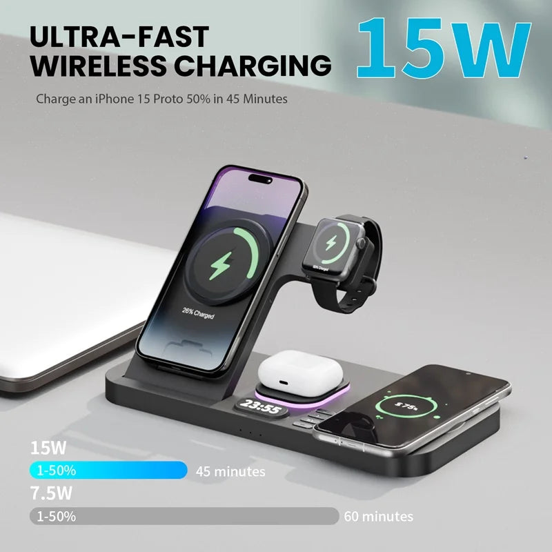 30W Digital Clock Wireless Charger With RGB Night Light For Smartphone Airpods Pro Huawei Apple Watch