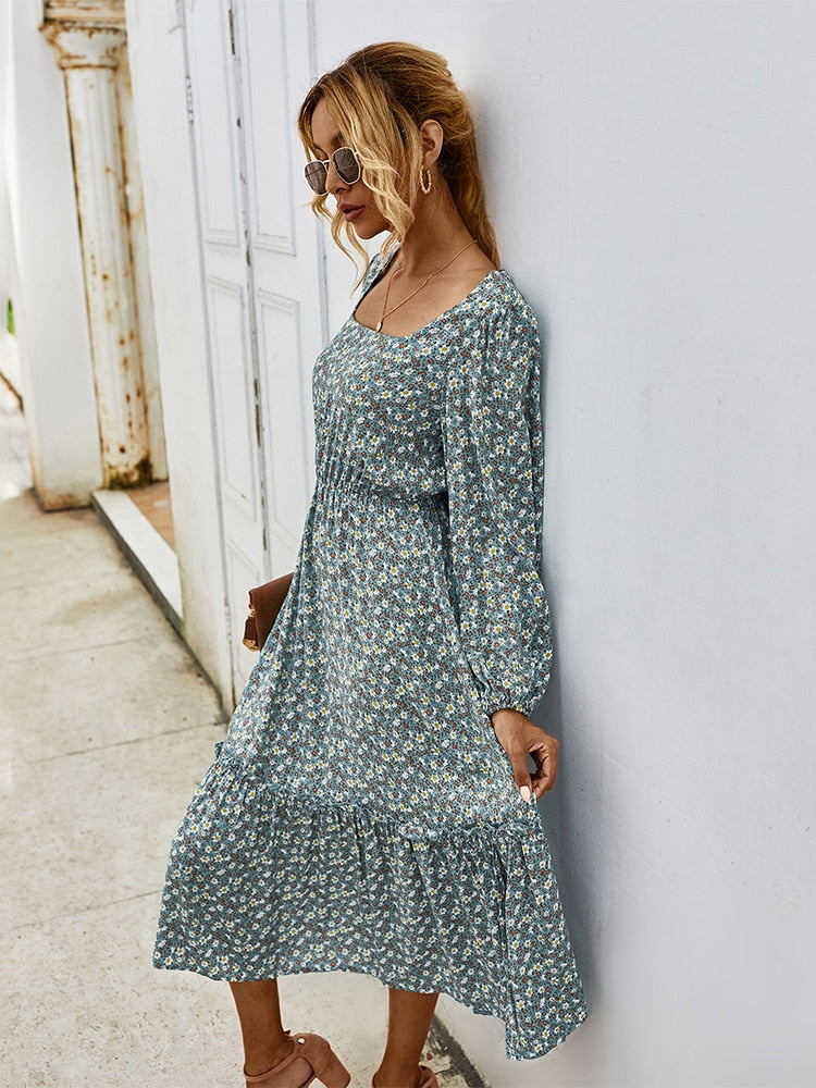 Elegant Ladies Long Sleeve Flower patterned Dress.