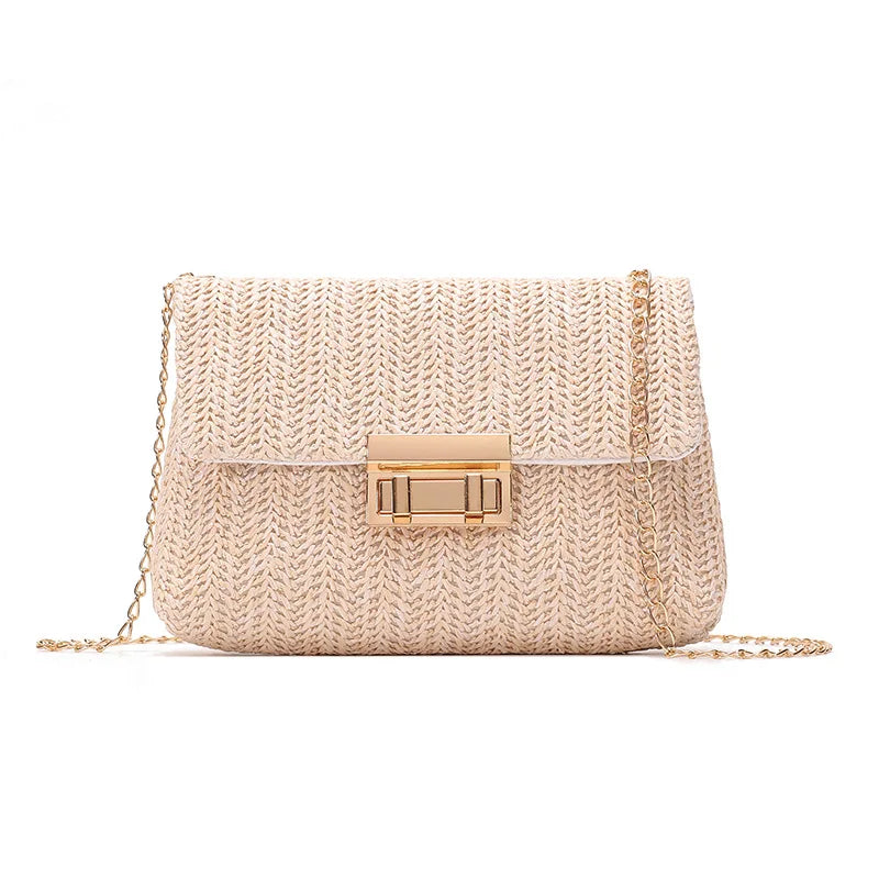 Women's Straw Rainbow Stripe Shoulder Crossbody Handbag With Chain Strap