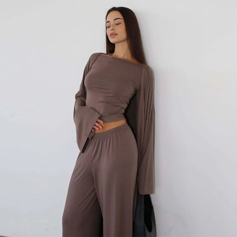 Women's 3 Piece Off Shoulder Sleeveless Cropped Tank Top With Elastic Wide Leg Pant And Long Cardigan