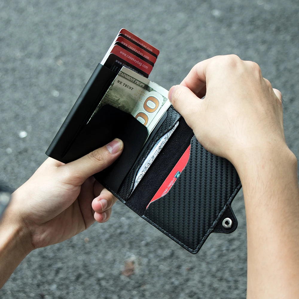 CASEKEY RFIF Leather Carbon Fiber Pop Up Credit Card Holder