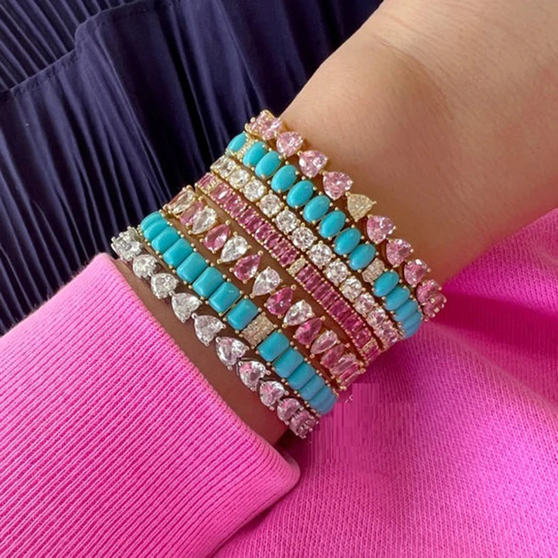 17-19CM Platinum Plated Turquoise Blue With White CZ Stone Tennis Bracelet