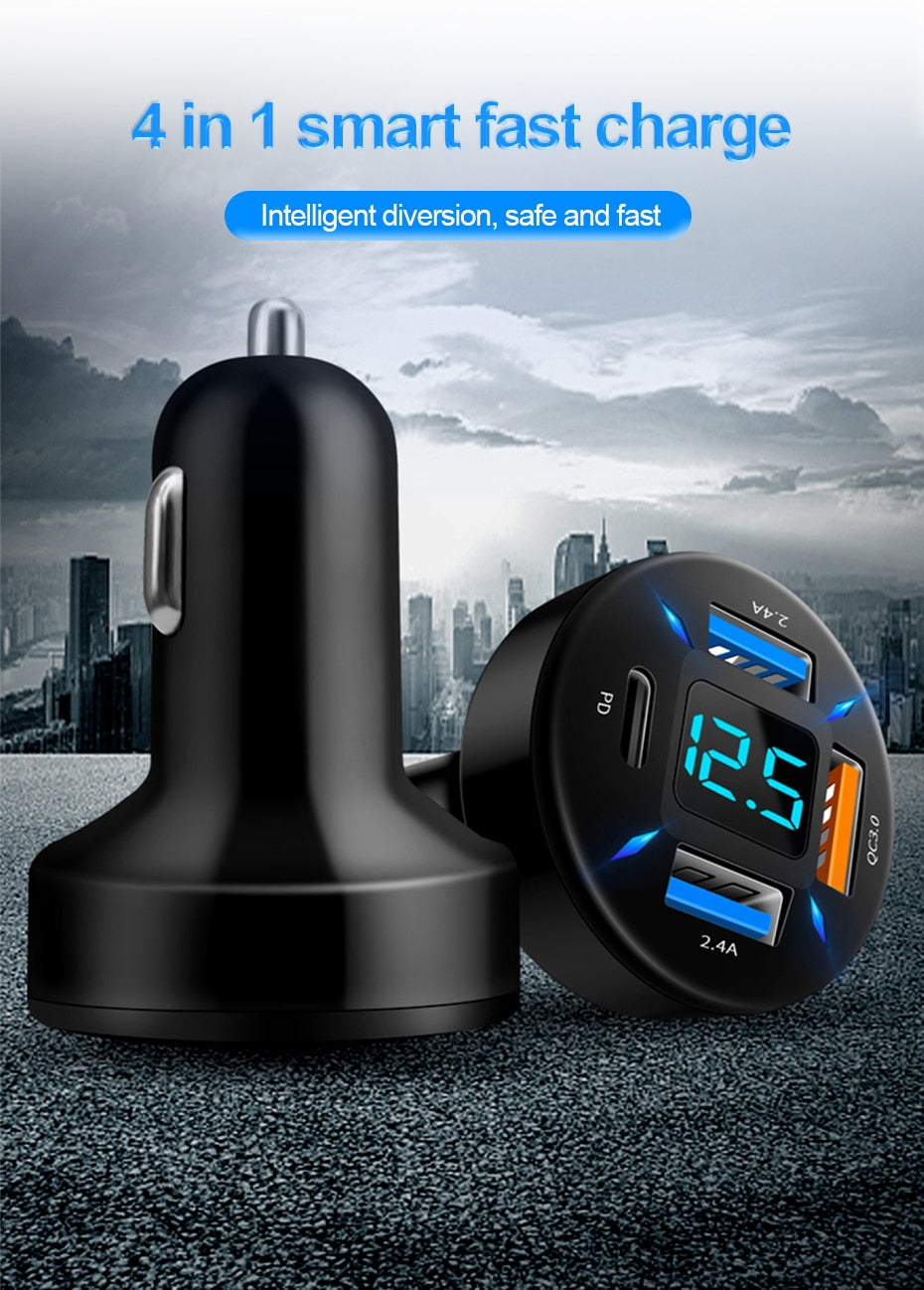 66W  Fast Charging Phone Charger for iPhone, Samsung. plugs into your cigarette lighter and has 4-USB ports