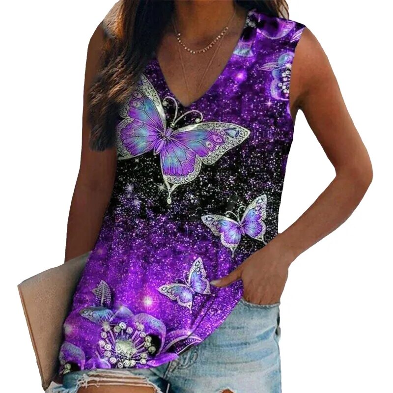 Women's Sleeveless Multi-pattern T-shirt.