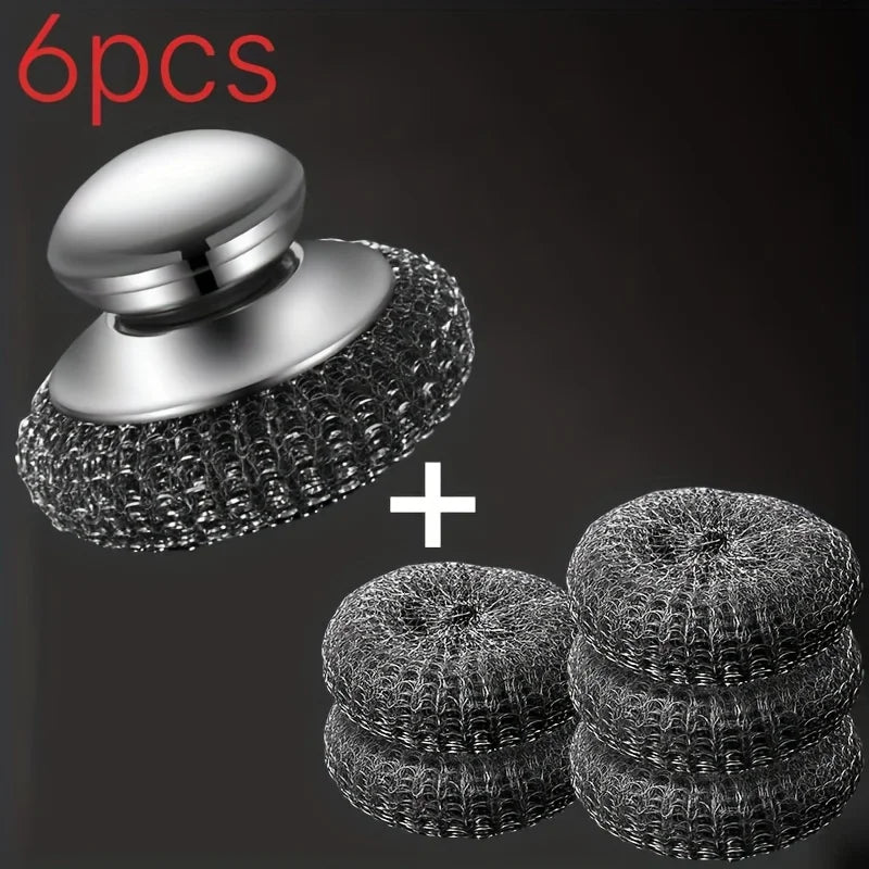 6pcs SUS Handle Steel Wool Scrubber with 5 Replacement Balls Stain Remover for Grills