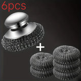 6pcs SUS Handle Steel Wool Scrubber with 5 Replacement Balls Stain Remover for Grills