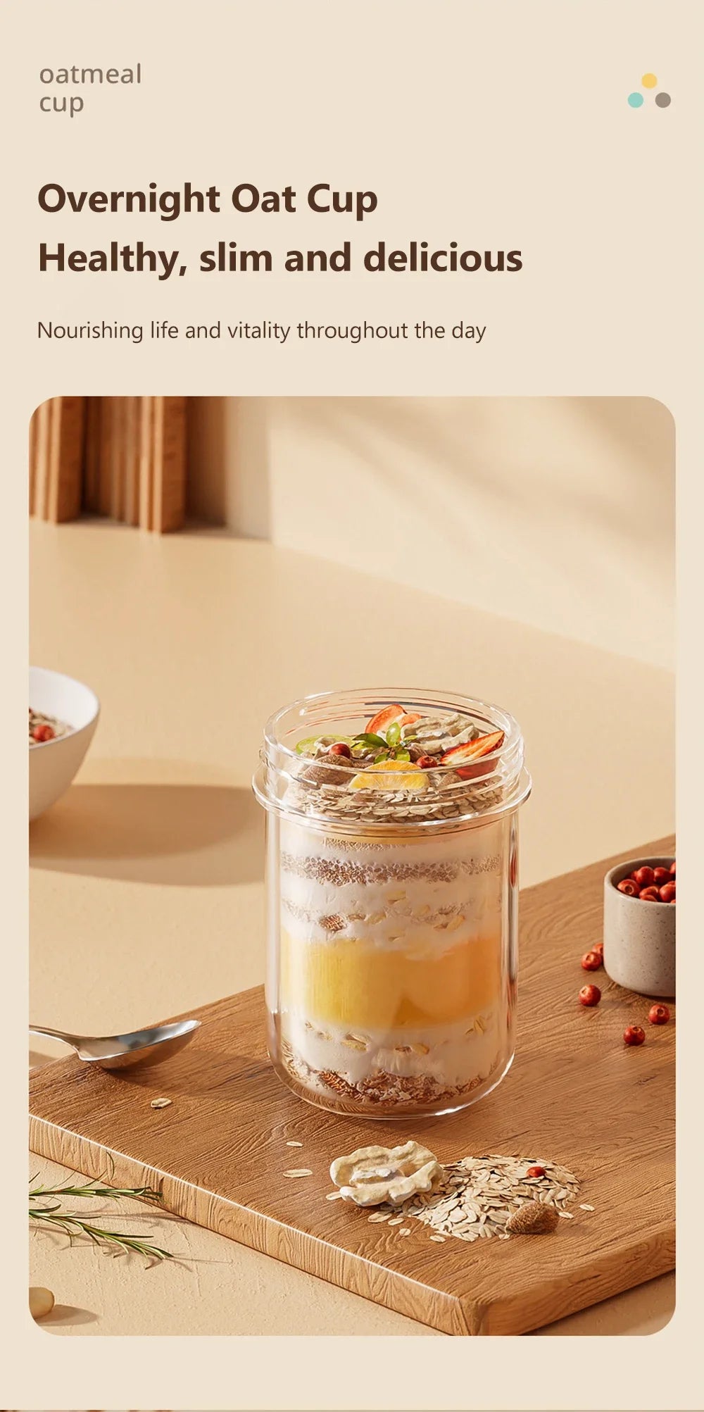 430ML Glass Cup With Lid And Spoon Great For Breakfast Oats Or Salad Cups