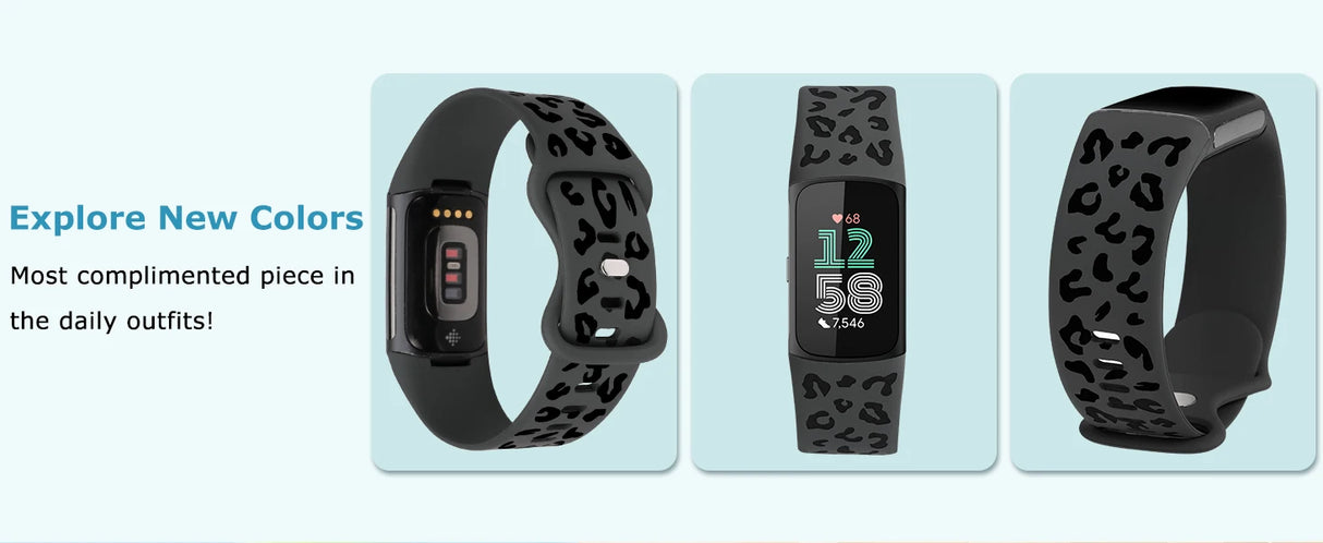 Wearlizer 3 Packs Two-Tone Leopard Engraved Soft Silicone Band for Fitbit Charge 5 Or 6